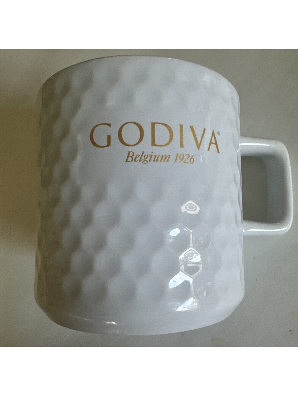 GODIVA Belgium 1926 White Ceramic Coffee Tea Mug Gold Logo Textured Cup